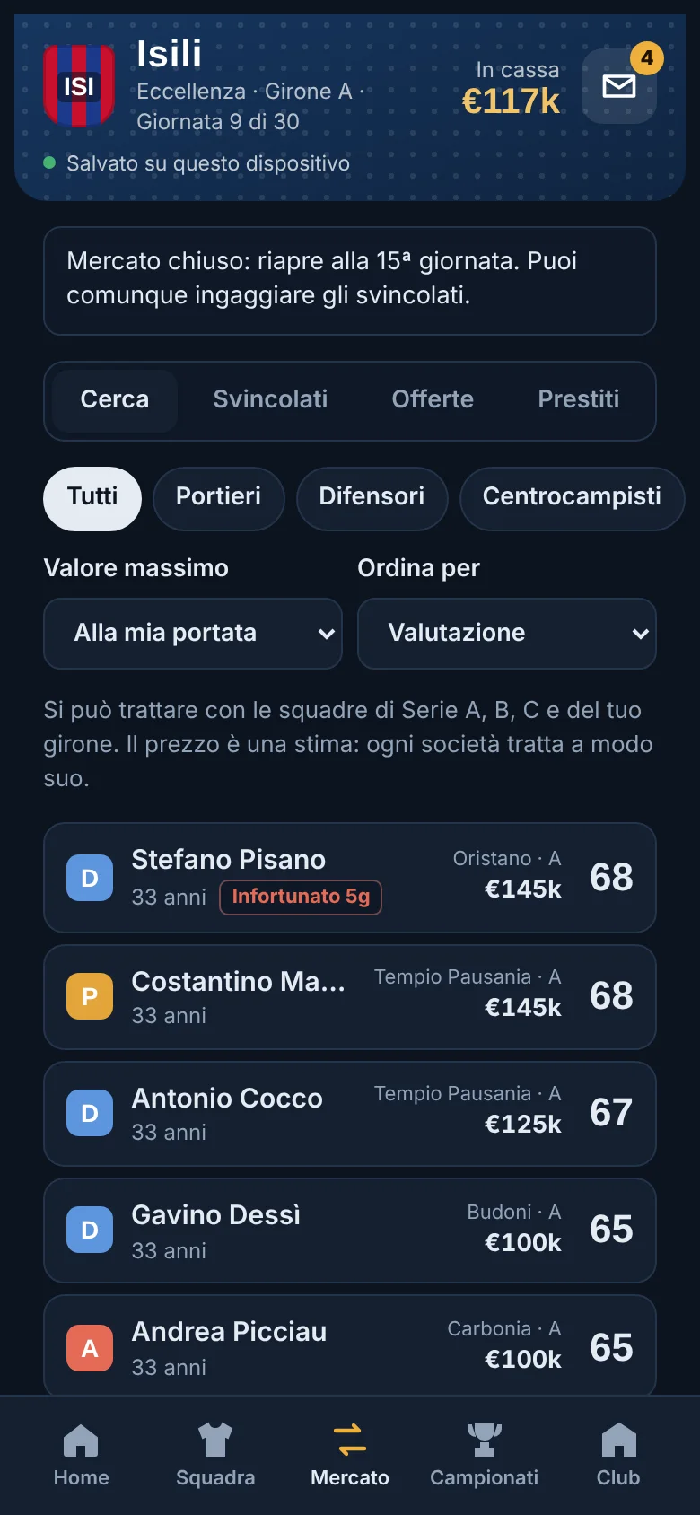 Il mercato con ricerca dei giocatori