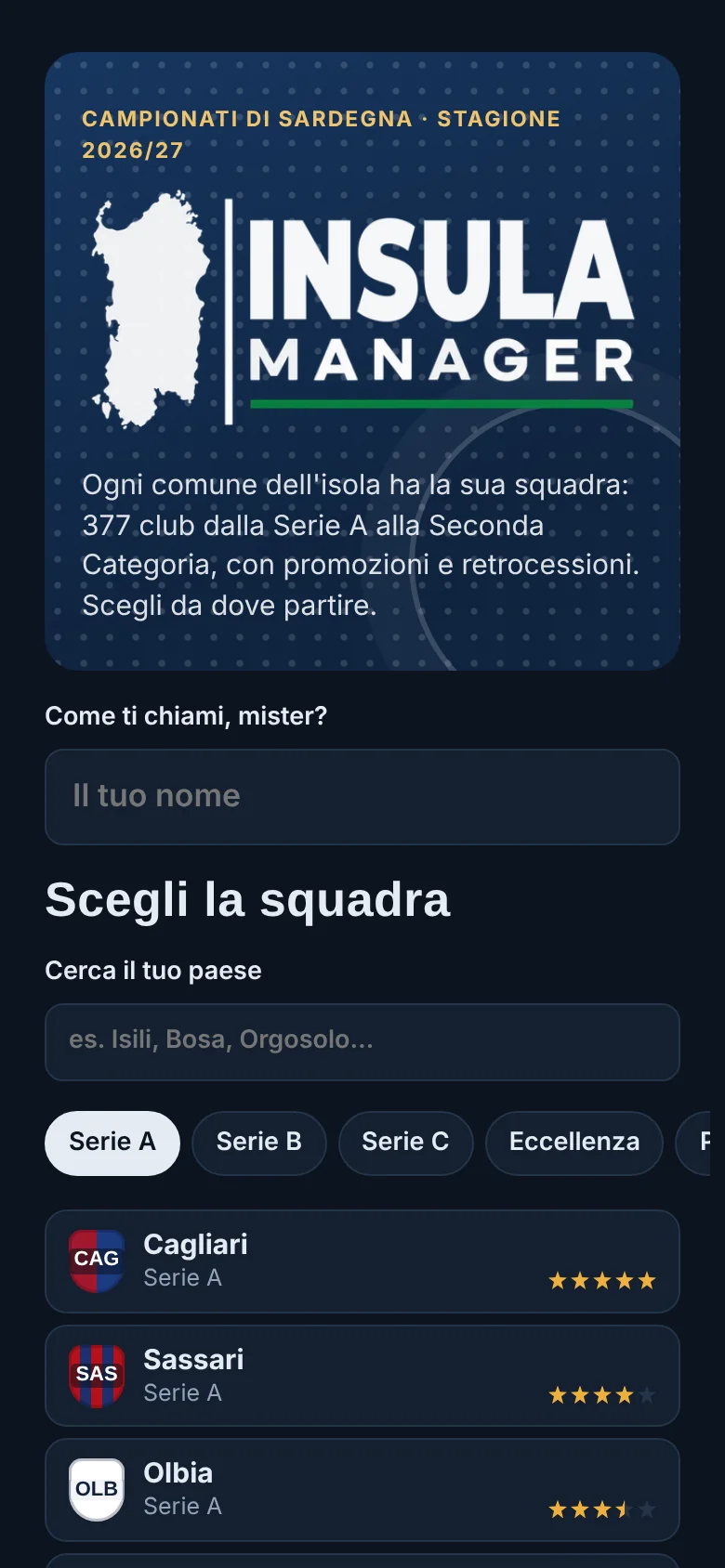 Scelta della squadra tra i comuni sardi